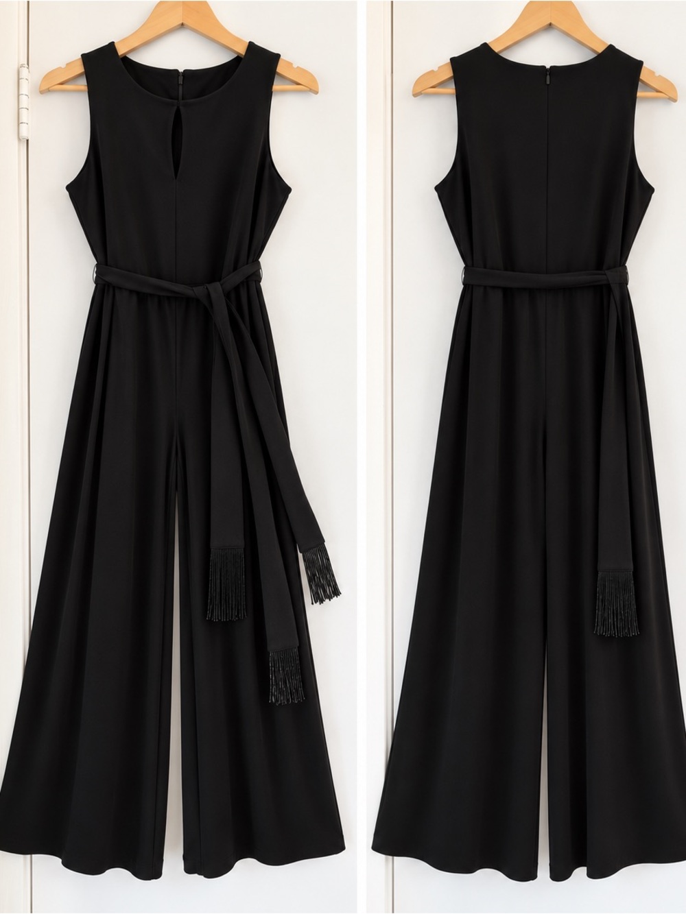 Lauren Ralph Lauren Black Wide Leg Jumpsuit Fringe Sash Belt Size L